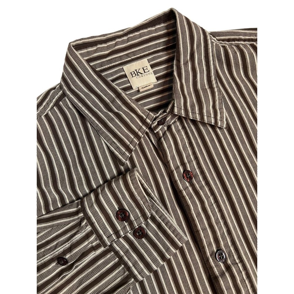 Bke Contour Mens Large Brown Striped Long Sleeve Button‎ Up Shirt
